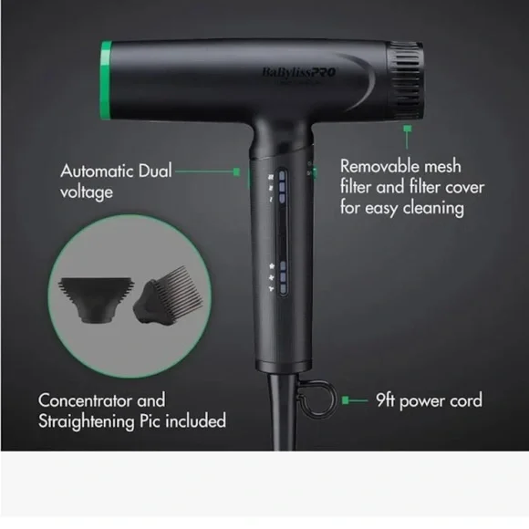 BaBylissPRO Black and Green Hair Dryer - Picture 2 of 5